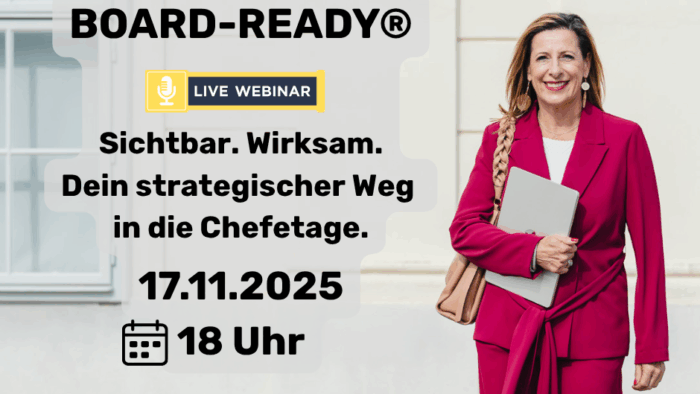 Frau in rotem Business-Outfit vor hellem Gebäude – Board-Ready® Webinar für Frauen in Führung am 17.11.2025 um 18 Uhr